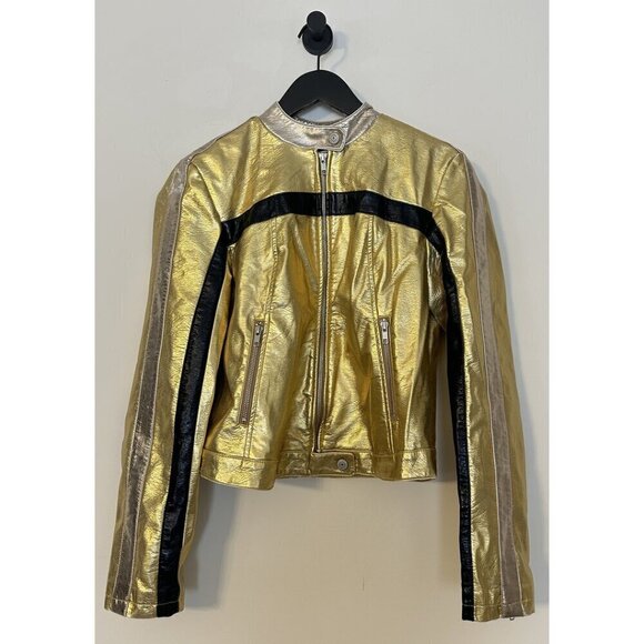 FREE PEOPLE Fast Lane Metallic Faux Leather Jacket in Metallic Gold Size Small - Picture 4 of 10